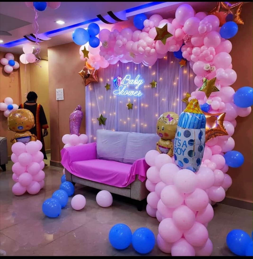 Baby shower balloon decoration with neon sign in Pitampura Delhi